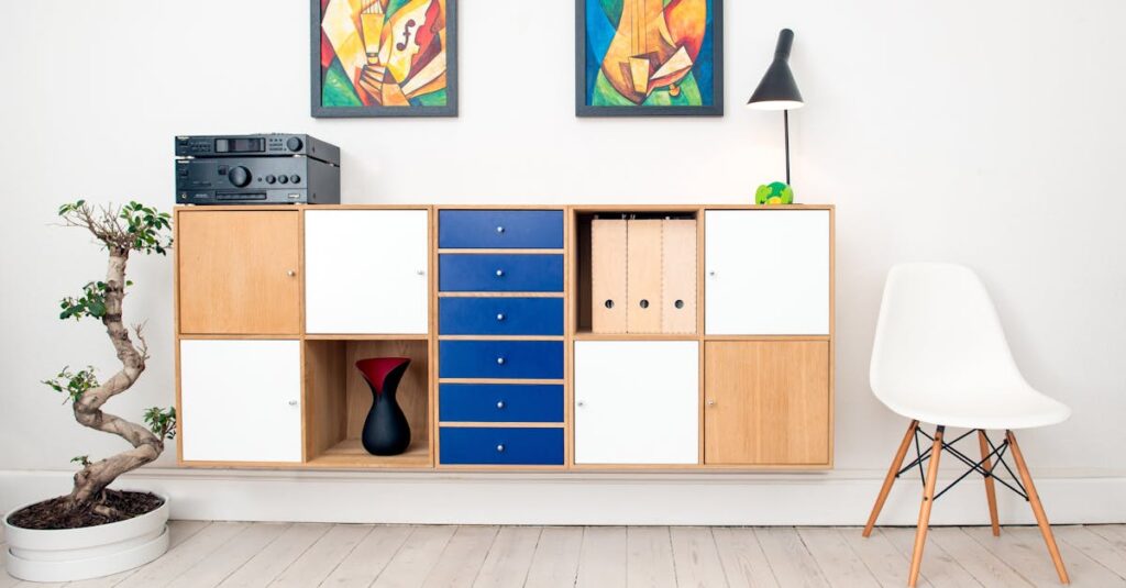 Contemporary room design featuring colorful artwork, sleek furniture, and decorative elements.