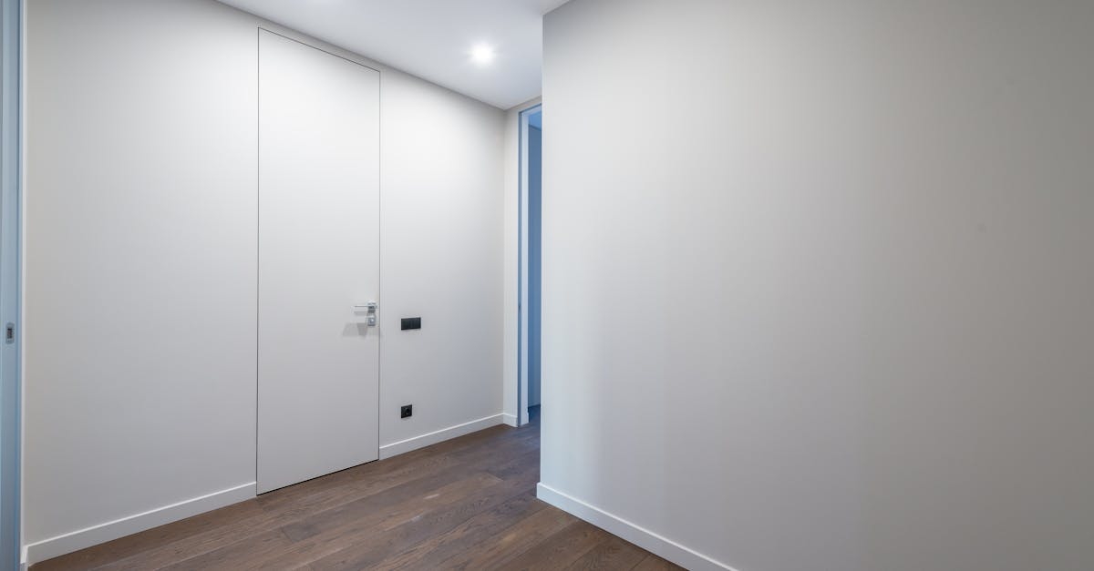 A minimalist indoor corridor featuring sleek doors and wooden flooring under bright lighting.